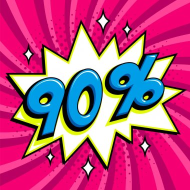 Mor Satılık web afiş. Pop art comic satış indirim promosyon afiş. Büyük satış arka plan. Arka plan üzerinde mor çizgi roman popüler sanat stil bang şekildeki Satılık doksan persent 90 kapalı bükülmüş. Mevsimlik