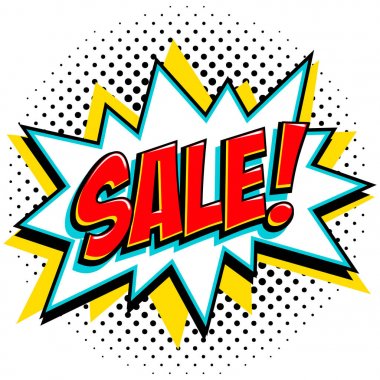 Çizgi roman tarzı satış etiketi. Kırmızı Satılık web afiş. Pop art comic satış indirim promosyon afiş. Büyük satış arka plan. Bomba patlayıcı ile dekoratif arka plan. Noktalı resim üzerinde çizgi roman popüler sanat stil bang şekil