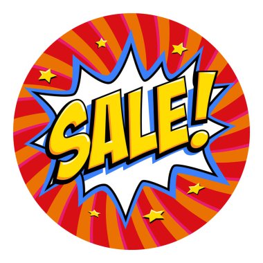 Yuvarlak şekil satış etiketi. Kırmızı Satılık web etiket. Pop art comic satış indirim promosyon afiş. Büyük satış arka plan. Bomba patlayıcı ile dekoratif arka plan. Çizgi roman popüler sanat stil patlama şekli Bükülü kırmızı