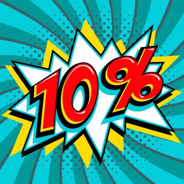 Mavi Satılık web afiş. Bir çizgi roman popüler sanat stil üzerinde Satılık on yüzde 10 indirim üzerinde mavi bükülmüş arka plan şekli bang. Büyük satış arka plan. Pop art comic satış indirim promosyon afiş. Mevsimlik indirimler