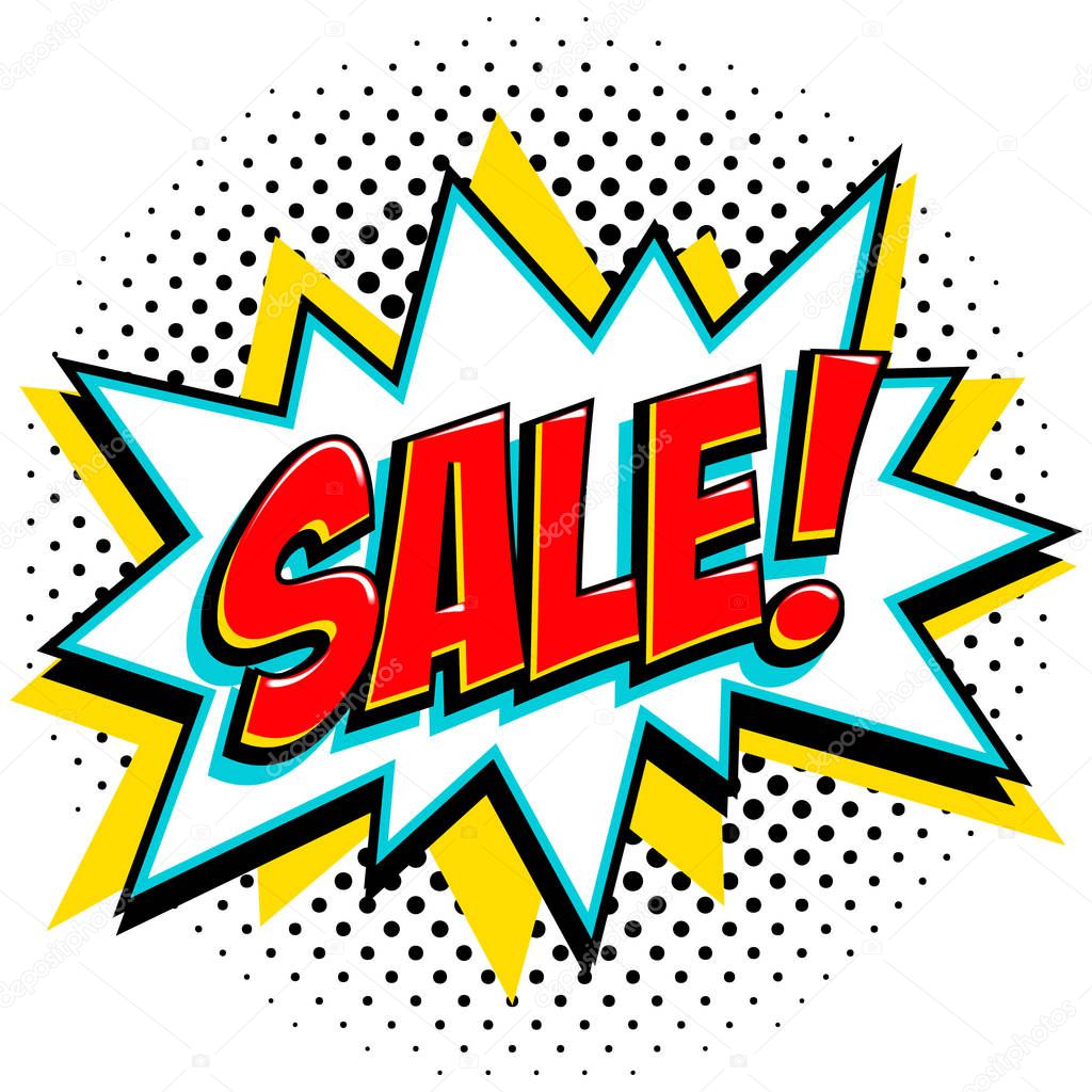 Comics style sale tag. Red sale web banner. Pop art comic sale discount promotion banner. Big sale background. Decorative background with bomb explosive. Comics pop-art style bang shape on halftone