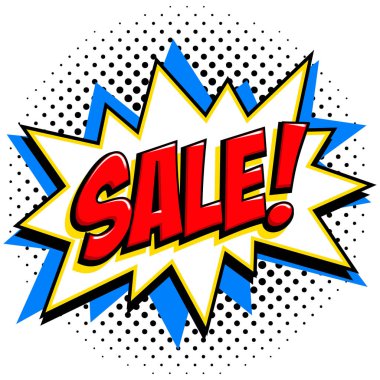 Çizgi roman tarzı satış etiketi. Kırmızı Satılık web afiş. Pop art comic satış indirim promosyon afiş. Büyük satış arka plan. Bomba patlayıcı ile dekoratif arka plan. Noktalı resim üzerinde çizgi roman popüler sanat stil bang şekil