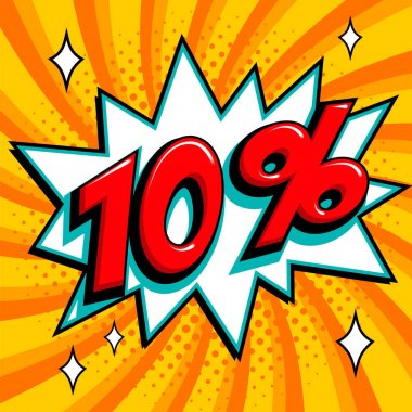 Turuncu Satılık web afiş. Bir çizgi roman popüler sanat stil üzerinde Satılık on yüzde 10 indirim üzerinde turuncu bükülmüş arka plan şekli bang. Büyük satış arka plan. Pop art comic satış indirim promosyon afiş. Mevsimlik indirimler