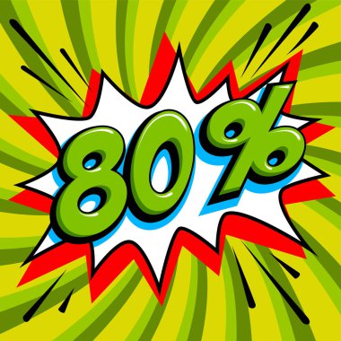 Yeşil Satılık web afiş. Bir çizgi roman popüler sanat stil üzerinde Satılık seksen yüzde 80 indirim şekil yeşil bükülmüş arka plan üzerinde bang. Büyük satış arka plan. Pop art comic satış indirim promosyon afiş. Mevsimlik
