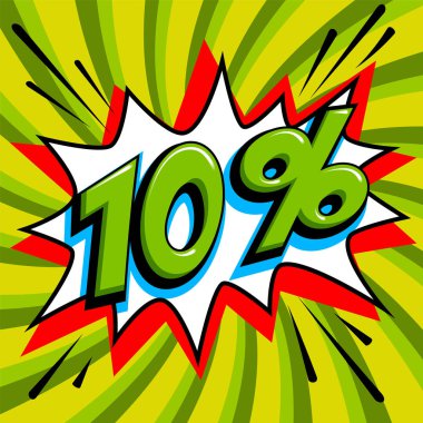 Yeşil Satılık web afiş. Bir çizgi roman popüler sanat stil üzerinde Satılık on yüzde 10 indirim üzerinde yeşil bükülmüş arka plan şekli bang. Büyük satış arka plan. Pop art comic satış indirim promosyon afiş. Mevsimlik indirimler