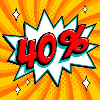 Turuncu Satılık web afiş. Bir çizgi roman popüler sanat stil üzerinde Satılık kırk yüzde 40 indirim şekil sarı bükülmüş arka plan üzerinde bang. Büyük satış arka plan. Pop art comic satış indirim promosyon afiş. Mevsimlik