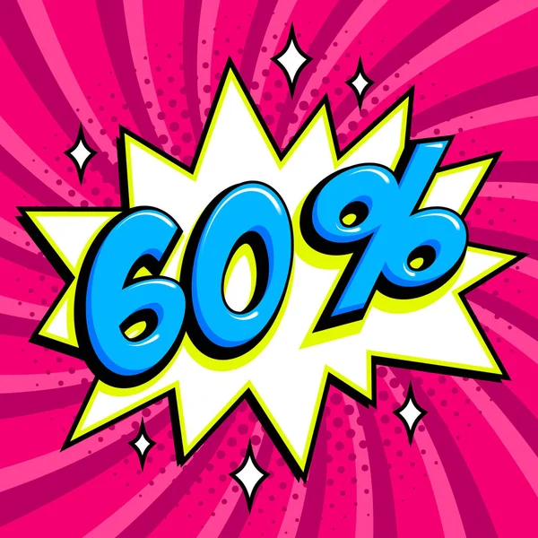 Bannière web de vente pourpre. Vente soixante pour cent 60 off sur une bande dessinée style pop-art bang forme sur fond rose torsadé. Grand fond de vente. Pop art bande dessinée vente rabais promotion bannière. Rabais saisonniers — Image vectorielle