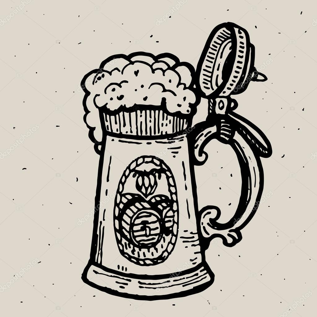 Retro style beer mug or glass engraving. Local brewery. Vintage vector