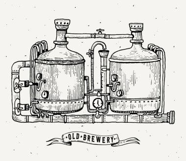 Retro bira oyma. Bakır tankları ve varil bira bira. Yerel bira. Vintage vektör resmi web, poster, etiket, davetiye oktoberfest festivaline, parti için oyma.