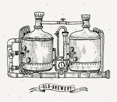 Retro brewery engraving. Copper tanks and barrels in brewery beer. Local brewery. Vintage vector engraving illustration for web, poster, label, invitation to oktoberfest festival, party. clipart