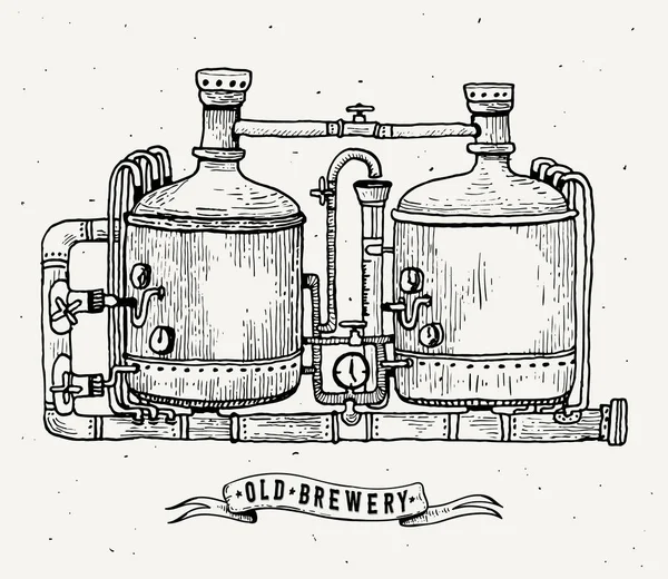 Grabado de cervecería retro. Tanques y barriles de cobre en cerveza cervecera. Cervecería local. Vintage vector grabado ilustración para web, cartel, etiqueta, invitación al festival oktoberfest, fiesta . — Vector de stock