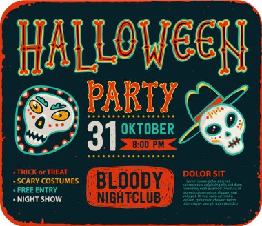 Halloween gece partisine davet. Kafatasları ile Vintage kartı. Vektör şablonu. Cadılar Bayramı partisi davetiyesi kartı. Metin bir grunge doku Cadılar Bayramı partisi el ilanı.