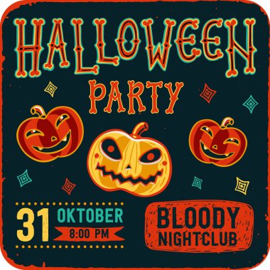 Halloween gece partisine davet. Kabak koyu arka plan üzerinde Vintage kartıyla. Vektör şablonu. Cadılar Bayramı partisi davetiyesi kartı. Cadılar Bayramı afiş metin Cadılar Bayramı partisi grunge doku ile