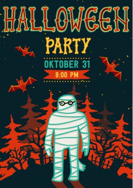 Halloween gece partisine davet. Mumya ile Vintage kartı. Vektör şablonu. Cadılar Bayramı partisi davetiyesi kartı. Cadılar Bayramı afiş metin Cadılar Bayramı partisi bir grunge doku ile.