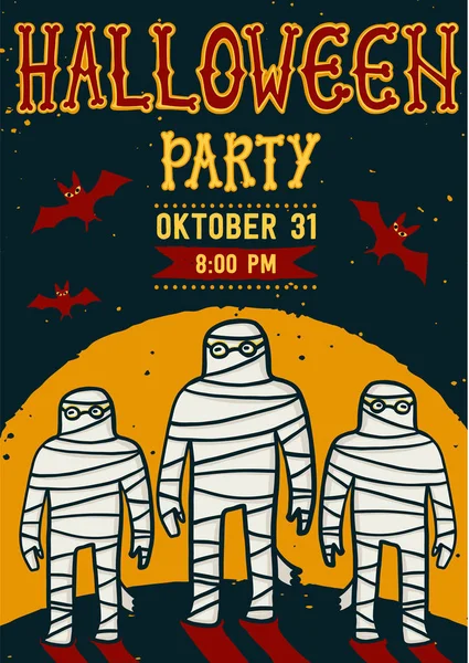 Halloween gece partisine davet. Mumya ile Vintage kartı. Vektör şablonu. Cadılar Bayramı partisi davetiyesi kartı. Cadılar Bayramı afiş metin Cadılar Bayramı partisi bir grunge doku ile.