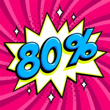 80 kapalı. Off Satılık pembe bükülmüş arka plan üzerinde % 80'i. Çizgi roman popüler sanat stil patlama şekli. Mevsimlik satışı büyük başlığı. Düşen fiyatlar iskontolar.