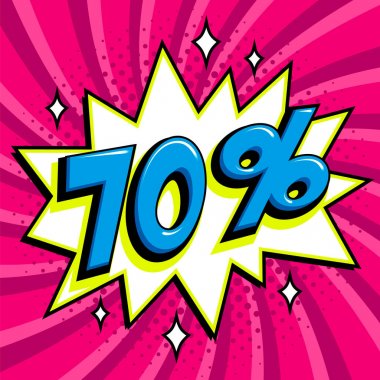 70 kapalı. Bükülmüş pembe satışa yüzde yetmiş. Çizgi roman popüler sanat stil patlama şekli. Mevsimlik satışı büyük başlığı. Düşen fiyatlar iskontolar.