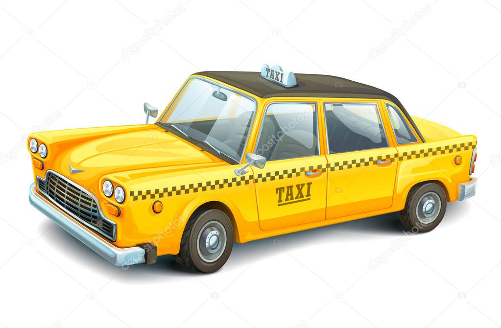Yellow urban taxi cab isolated on white background. High detailed vector car. Taxi service. City transport.
