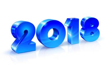 Mutlu yeni yıl 2018. Beyaz bir arka plan yansıması ile mavi parlak numaraları.