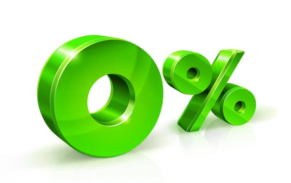 Groene nul procent of 0 geïsoleerd op een witte achtergrond met reflectie. Nul procent rente, belasting. — Stockvector