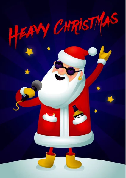 Rock Santa. Singing Santa Claus - rock star with microphone on dark background. Christmas hipster poster for party with Heavy Christmass text. Xmas greeting card. — Stock Vector