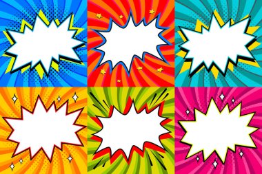 Konuşma seti kabarcıklar. Pop art boş konuşma kabarcıklar şablon tasarımınızın tarz. Temizleme boş bang komik konuşma bükülmüş renkli arka plan üzerinde kabarcıklar. Web Bannerlar için idealdir