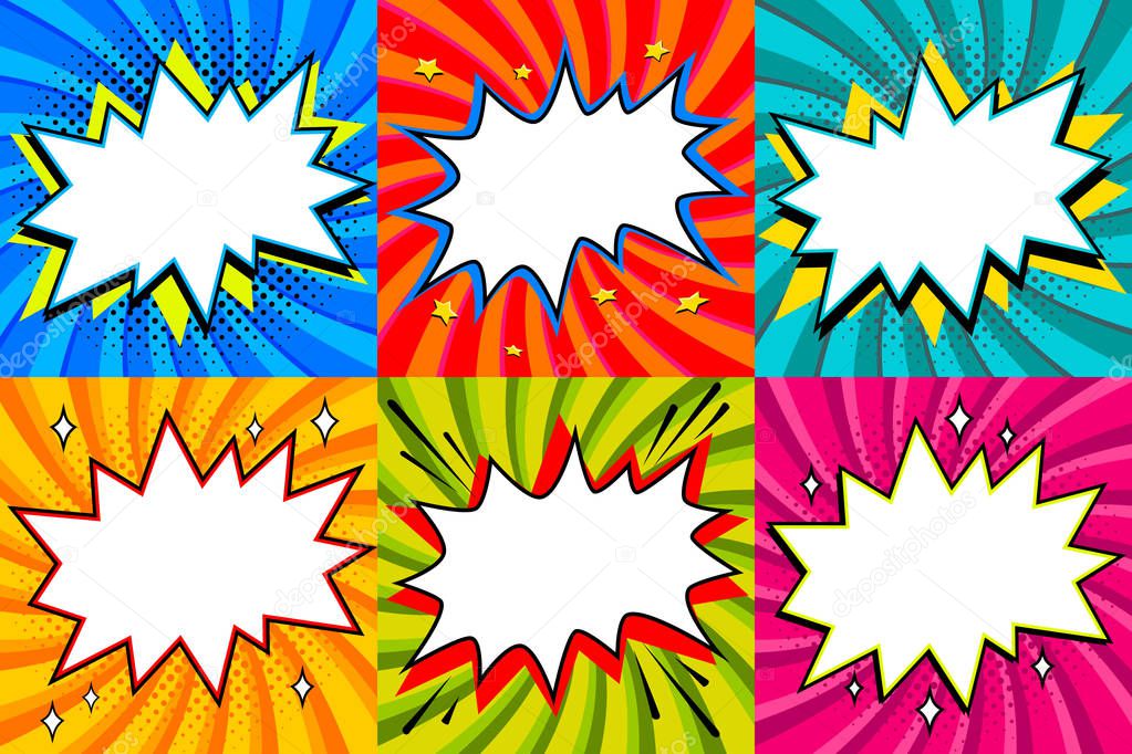 Speech bubbles set. Pop art styled blank speech bubbles template for your design. Clear empty bang comic speech bubbles on colored twisted backgrounds. Ideal for web banners