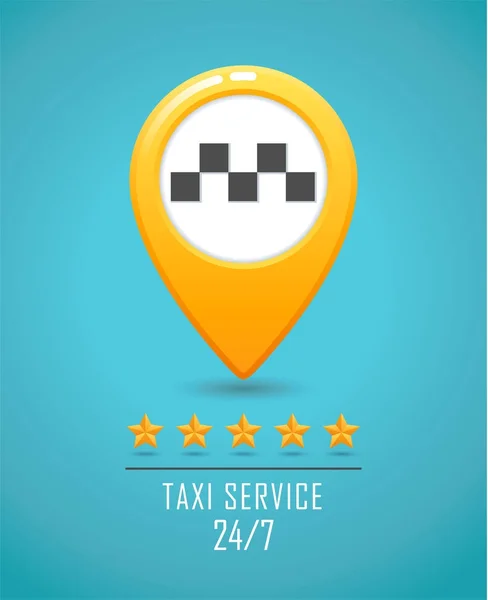Banner de servicio de taxi. Icono amarillo del taxi. Pin de mapa amarillo con cartel de coche de taxi sobre fondo azul . — Vector de stock
