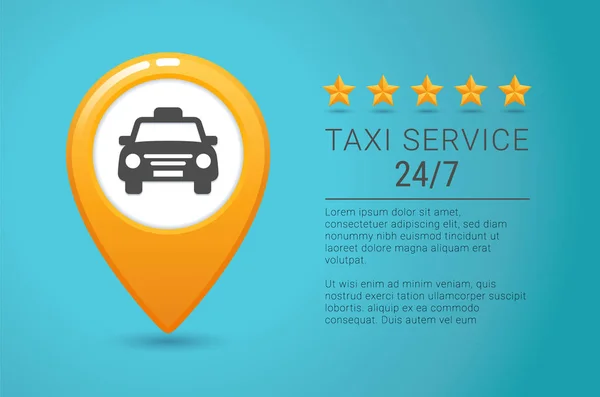 Banner de servicio de taxi. Icono amarillo del taxi. Pin de mapa amarillo con cartel de coche de taxi sobre fondo azul . — Vector de stock