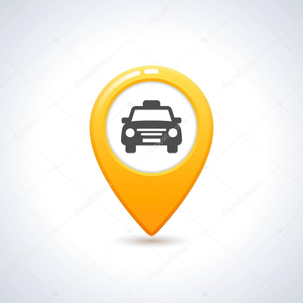 Yellow taxi icon. Map pin with taxi car sign.