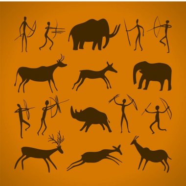 Mağara çizimleri çizilmiş desen. Antik petroglifler.