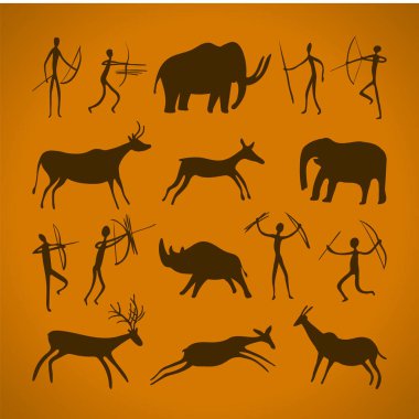 Hand-drawn pattern of cave drawings. ancient petroglyphs. clipart