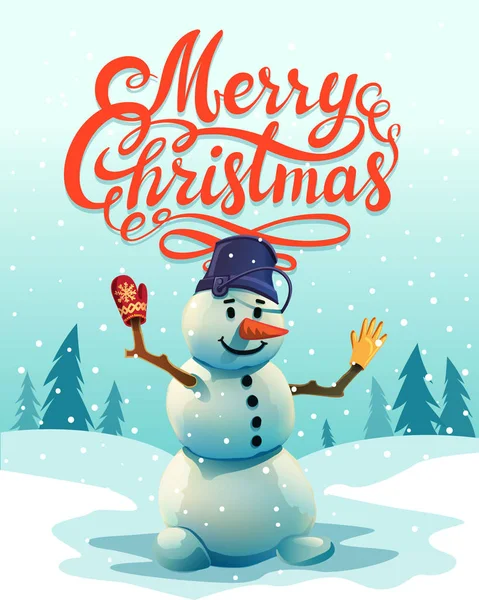 クリスマスのグリーティング カード。メリー クリスマス碑文と雪だるまをカット. — ストックベクタ