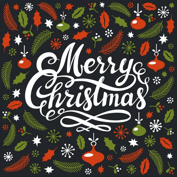 クリスマスはがきクリスマス要素と金箔手書きカリグラフィ メリー クリスマス碑文 — ストックベクタ