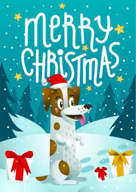 Tatil hediye ve Merry Christmas yazıt ile şirin köpek. Şık jack russell terrier köpek mavi Noel arka plan üzerinde Noel kırmızı şapkalı. Kış sezonu selamlar kavramı.