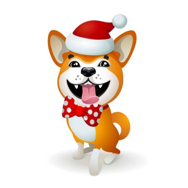 Akita inu. Japanese dog. Christmas poster with yellow dog portrait in red Santa s hat and red bow. clipart