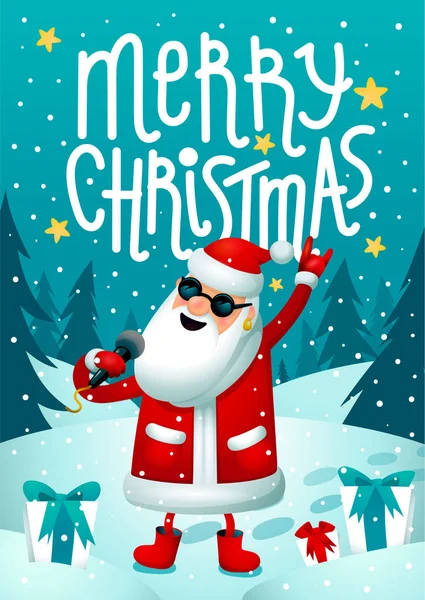 Rock Santa. Singing Santa Claus - rock star avec microphone sur fond sombre. Affiche hipster de Noël pour fête avec texte Heavy Christmass. Carte de voeux de Noël . — Image vectorielle