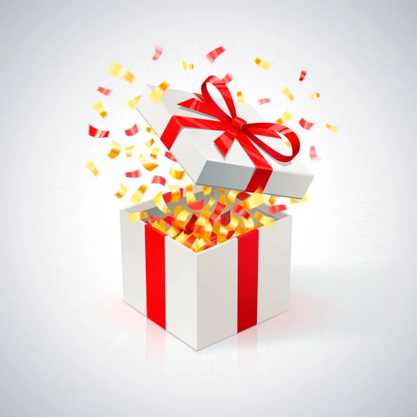 De doos van de Gift van het wit met een rood lint en gouden confetti. Open geschenkdoos... feestelijke achtergrond. — Stockvector