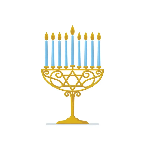 Hanukkah gold menorah. Jewish holiday. Hanukkah gold Menorah with blue candles on white Background.