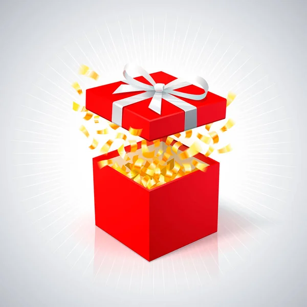 Rote Geschenkschachtel mit goldenem Konfetti auf weißem Hintergrund.. offene rote Schachtel mit weißer Schleife. Hintergrund der Feiertage. — Stockvektor