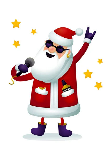 Roc-n-roll Santa character. Singing Santa Claus - rock star with microphone isolated on white background. — Stock Vector