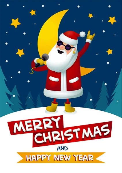 ロック-n はロール サンタ。歌うサンタ クロース - メリー クリスマスと新年あけましておめでとうございます碑文暗いブルー クリスマス背景にロックスター。クリスマス パーティーのため r ポスター。クリスマス グリーティング カード. — ストックベクタ