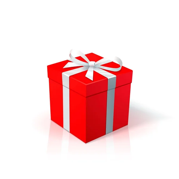 Roter Karton mit weißer Schleife und Schleife. Geschenkbox mit weißem Hintergrund. Alles Gute zum Geburtstag Weihnachten Neujahr Hochzeit oder Valentinstag Paket-Design. — Stockvektor