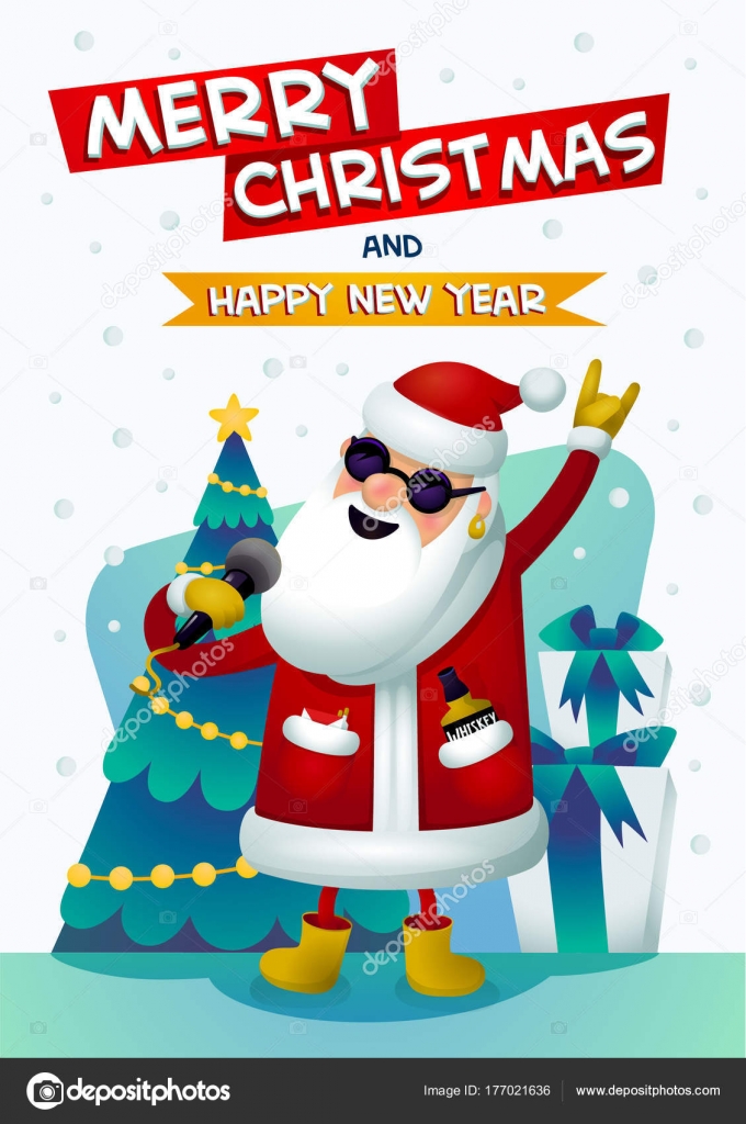 Buon Natale Karaoke.Cool Rock Star Santa Singing Santa Claus With Merry Christmas And Happy New Year Inscription Christmas