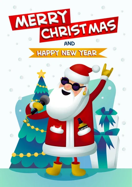 クールなロックスター サンタ。メリー クリスマスと新年あけましておめでとうございます碑文歌うサンタ クロース。クリスマス ツリーとプレゼントの背景に。クリスマス パーティー クリスマス グリーティング カードのポスター。ベクトル — ストックベクタ