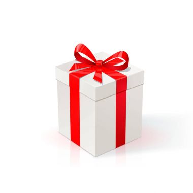 Beyaz karton kutu kırmızı kurdele ve yay. Hediye kutusu beyaz arka plan üzerinde. İyi ki doğdun Noel Yılbaşı düğün ya da Sevgililer günü paketi tasarım.