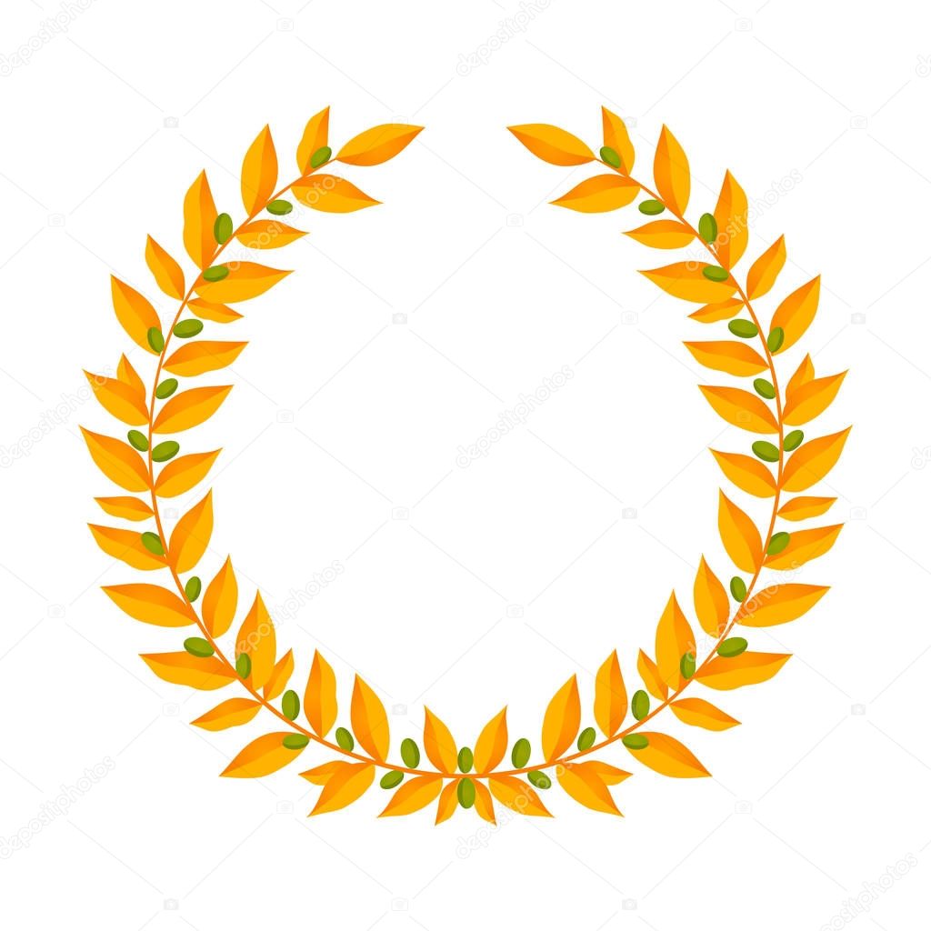 Gold laurel wreath. Vintage wreaths heraldic design elements with floral frames made up of laurel branches with green berries on white background. Symbol of winner or valor and mind.