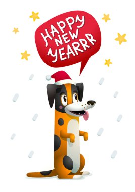Mutlu yeni yıl yazıt ile şirin köpek. Beyaz arka plan üzerinde Noel Baba kırmızı şapkalı şık sarı köpek. Kış sezonu selamlar kavramı. 2018 yılın sembolü.