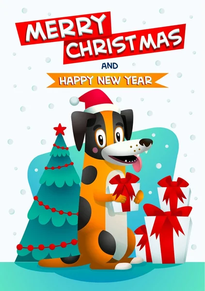 Cute dog with Merry Christmas and Happy new year inscription. Stylish yellow dog with santa claus red hat and gift box. Christmas tree and presents on background. Winter Season Greetings concept — Stock Vector