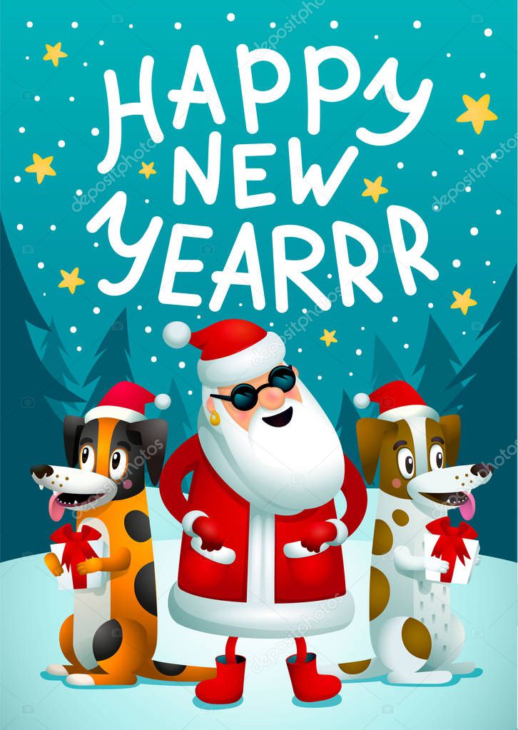 Frohes neues Jahr. Santa Claus und 2 lustige Hunde mit Geschenken